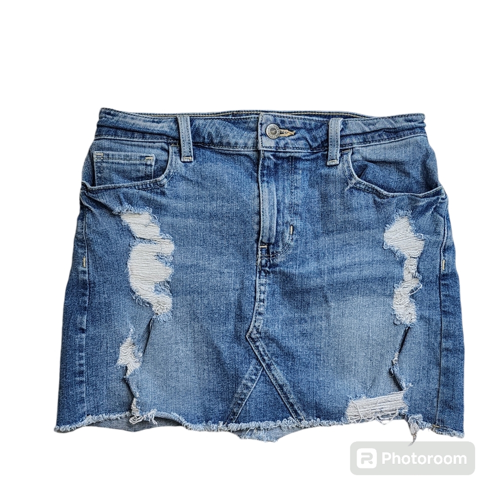 Hollister Blue Denim Skirt High Rise Distressed Frayed Size 3